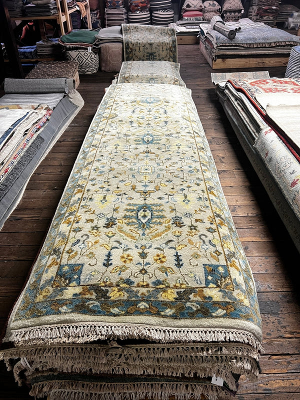 Mary Anne Smiley Beige and Blue Hand-Knotted Oushak Runner 3x23.9 | Banana Manor Rug Company