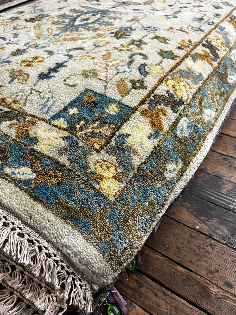 Mary Anne Smiley Beige and Blue Hand-Knotted Oushak Runner 3x23.9 | Banana Manor Rug Company