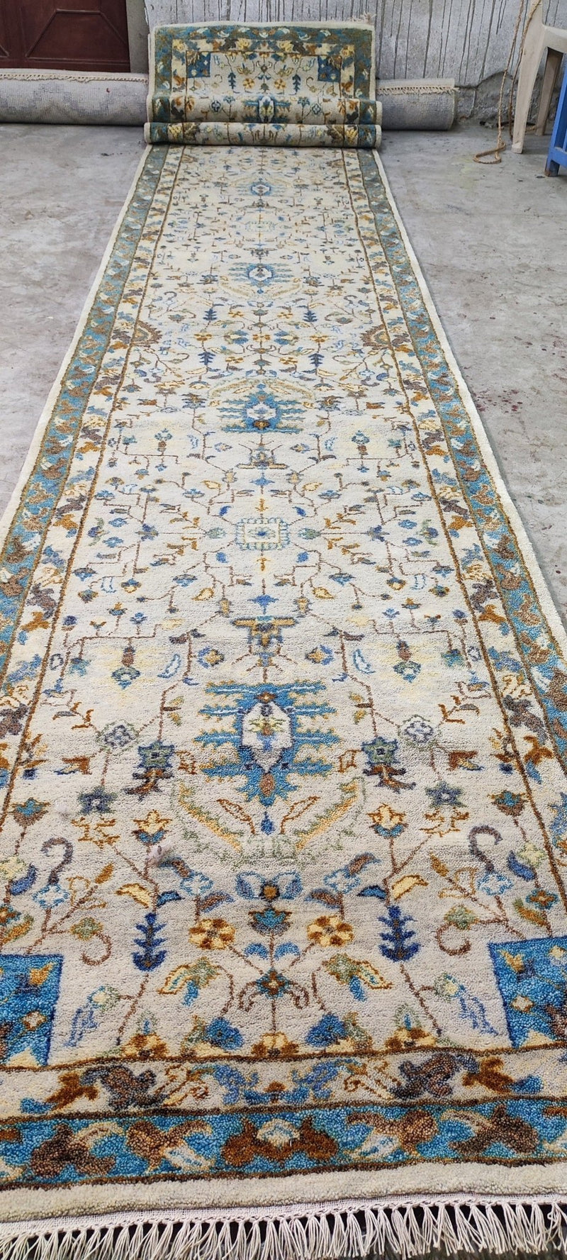 Mary Anne Smiley Beige and Blue Hand-Knotted Oushak Runner 3x23.9 | Banana Manor Rug Company