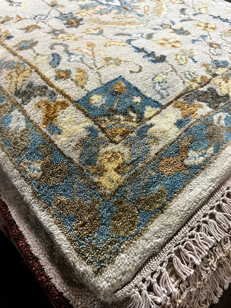 Mary Anne Smiley Beige and Blue Hand-Knotted Oushak Runner 3x23.9 | Banana Manor Rug Company