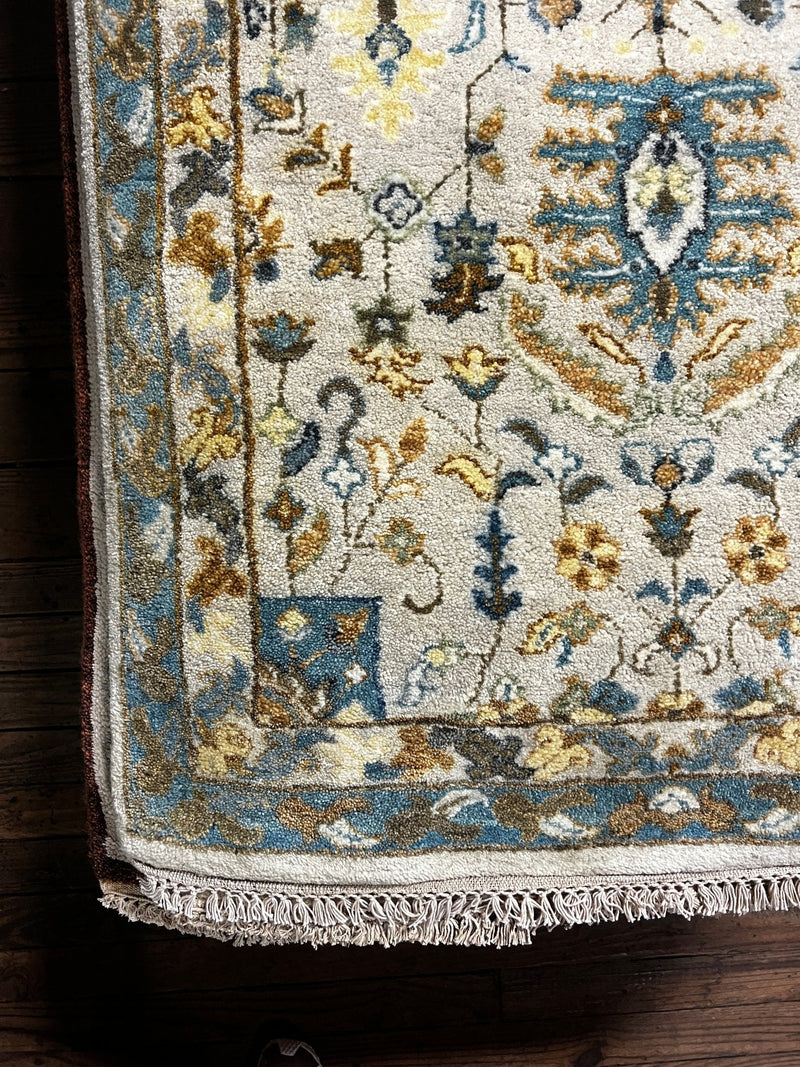 Mary Anne Smiley Beige and Blue Hand-Knotted Oushak Runner 3x23.9 | Banana Manor Rug Company