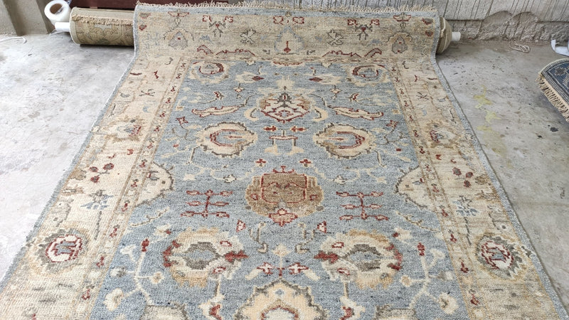 Maura 6x9 Blue and Beige Hand-Knotted Oushak Rug | Banana Manor Rug Company