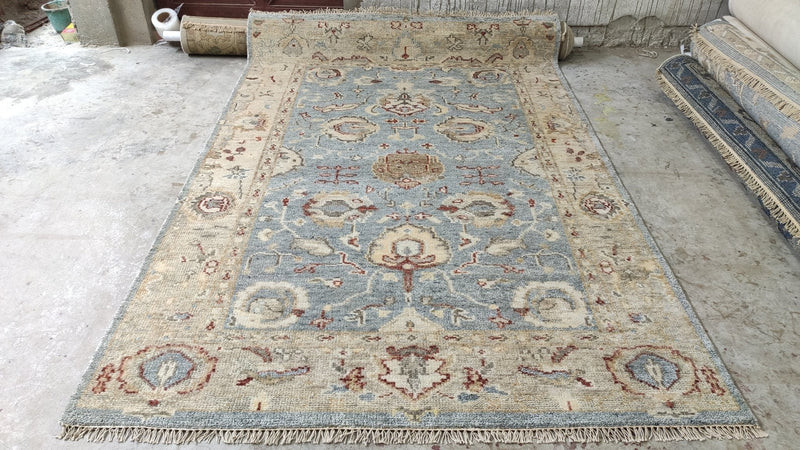 Maura 6x9 Blue and Beige Hand-Knotted Oushak Rug | Banana Manor Rug Company