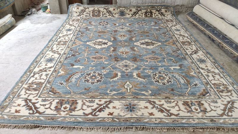 Maurepas 9x12 Blue and Ivory Hand-Knotted Oushak Rug | Banana Manor Rug Company