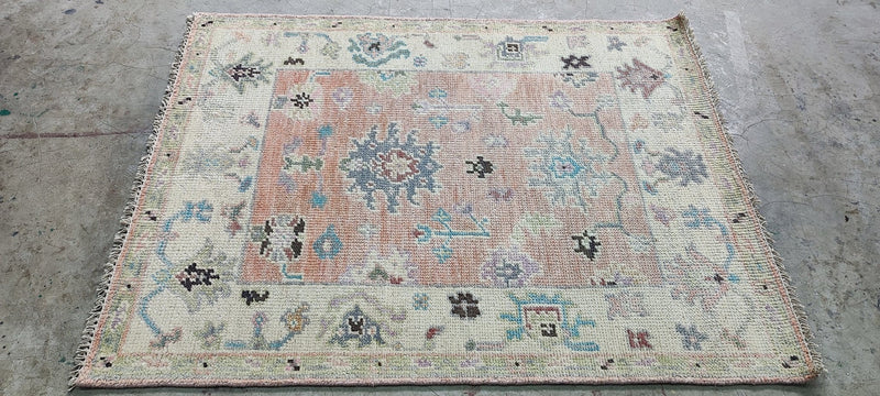 Meg Lavalette Pink and Ivory Hand-Knotted Oushak Rug 3.9x5 | Banana Manor Rug Company