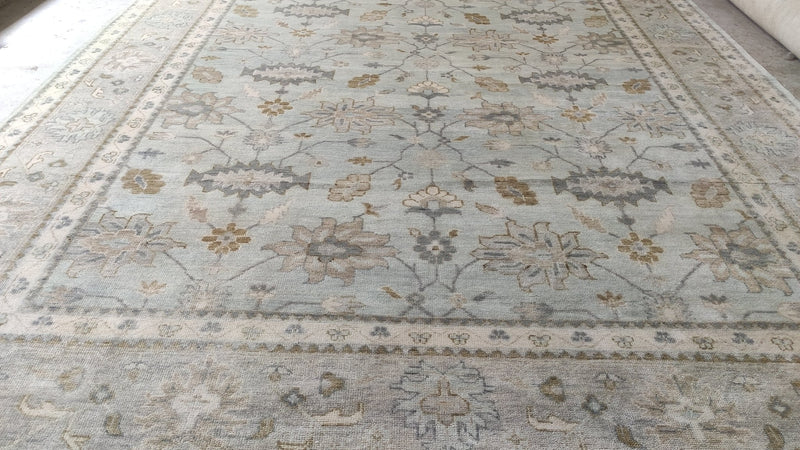 Melrose 11.9x15 Aqua and Grey Hand-Knotted Oushak Rug | Banana Manor Rug Company