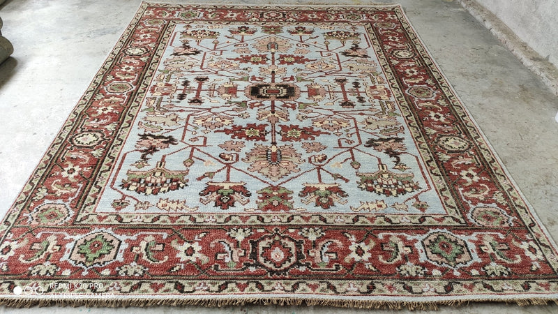 Michelle 7.9x10 Light Blue and Rust Hand-Knotted Oushak Rug | Banana Manor Rug Factory Outlet