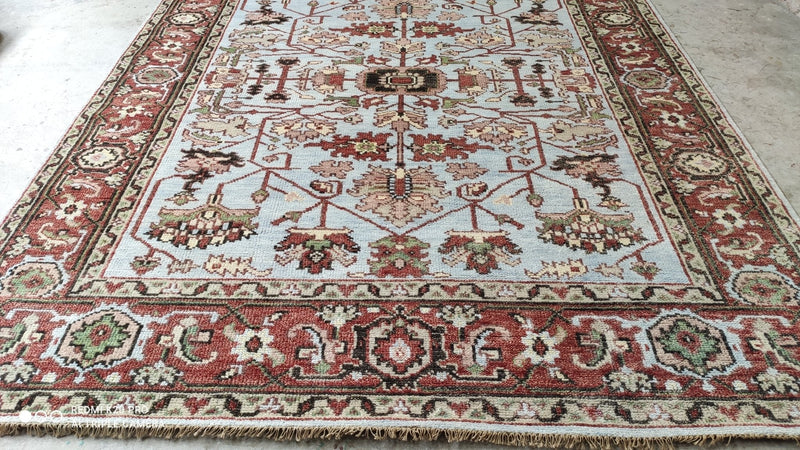 Michelle 7.9x10 Light Blue and Rust Hand-Knotted Oushak Rug | Banana Manor Rug Factory Outlet