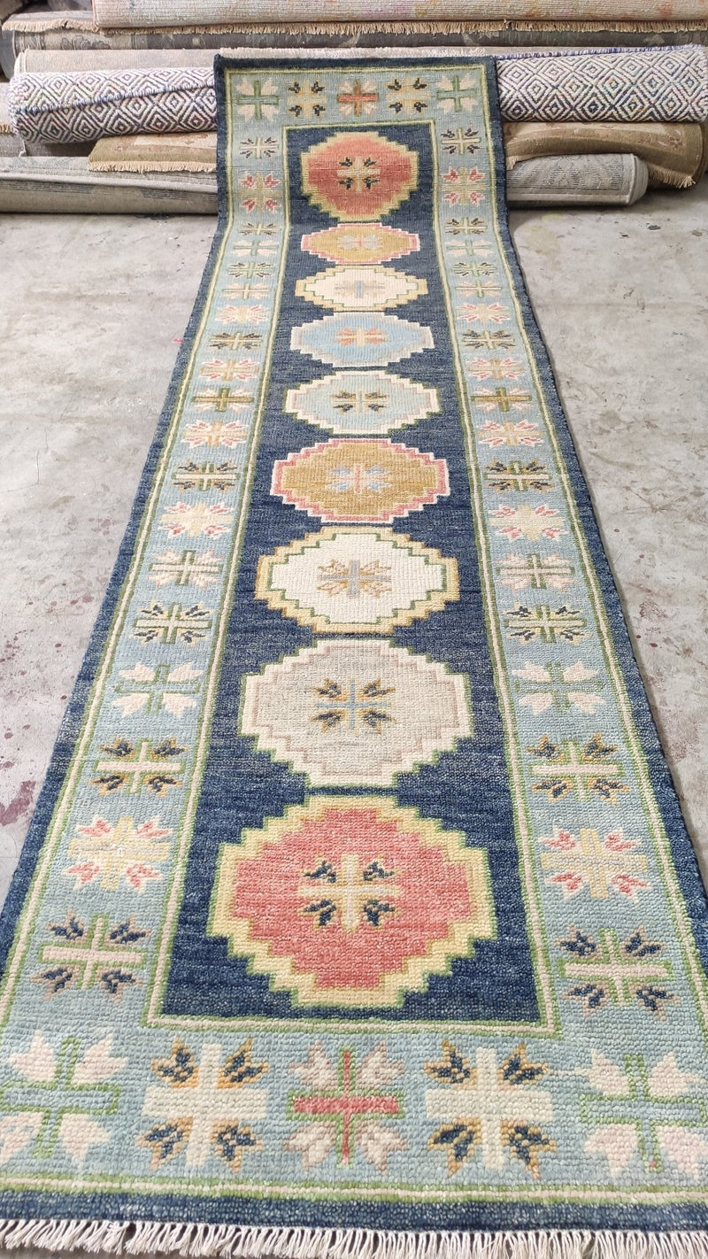 Michelle Pfeiffer 2.9x9.9 Blue and Light Blue Hand-Knotted Oushak Runner | Banana Manor Rug Company