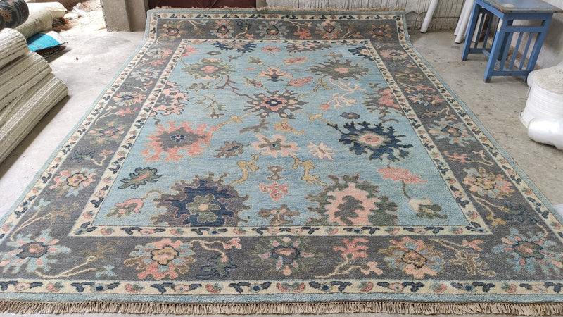 Mila 9x11.9 Grey and Light Blue Hand-Knotted Oushak Rug | Banana Manor Rug Company