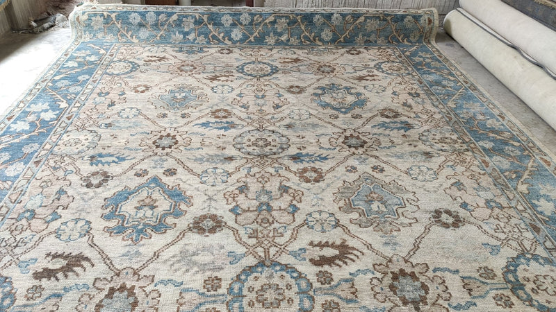 Milan 12x15 Beige and Blue Hand-Knotted Oushak Rug | Banana Manor Rug Company