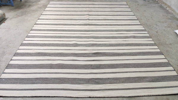 Mildred 8x11.9 White and Grey Striped Handwoven Durrie Rug | Banana Manor Rug Company