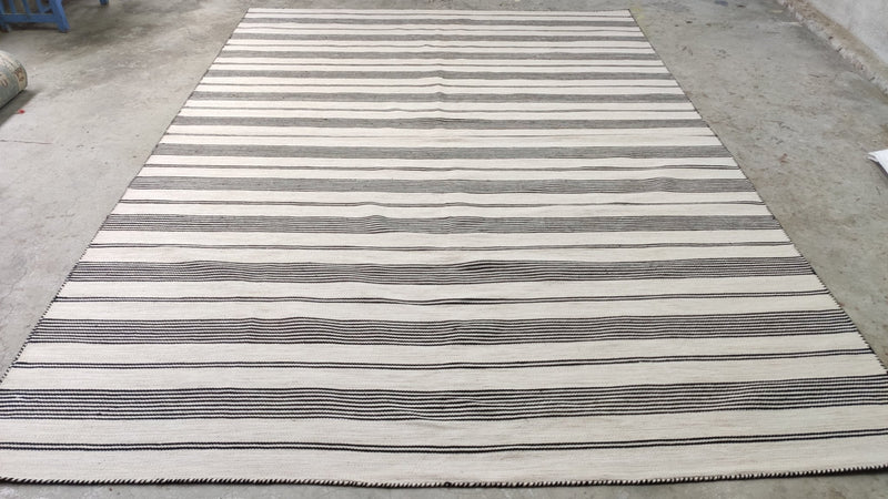 Mildred 8x11.9 White and Grey Striped Handwoven Durrie Rug | Banana Manor Rug Company