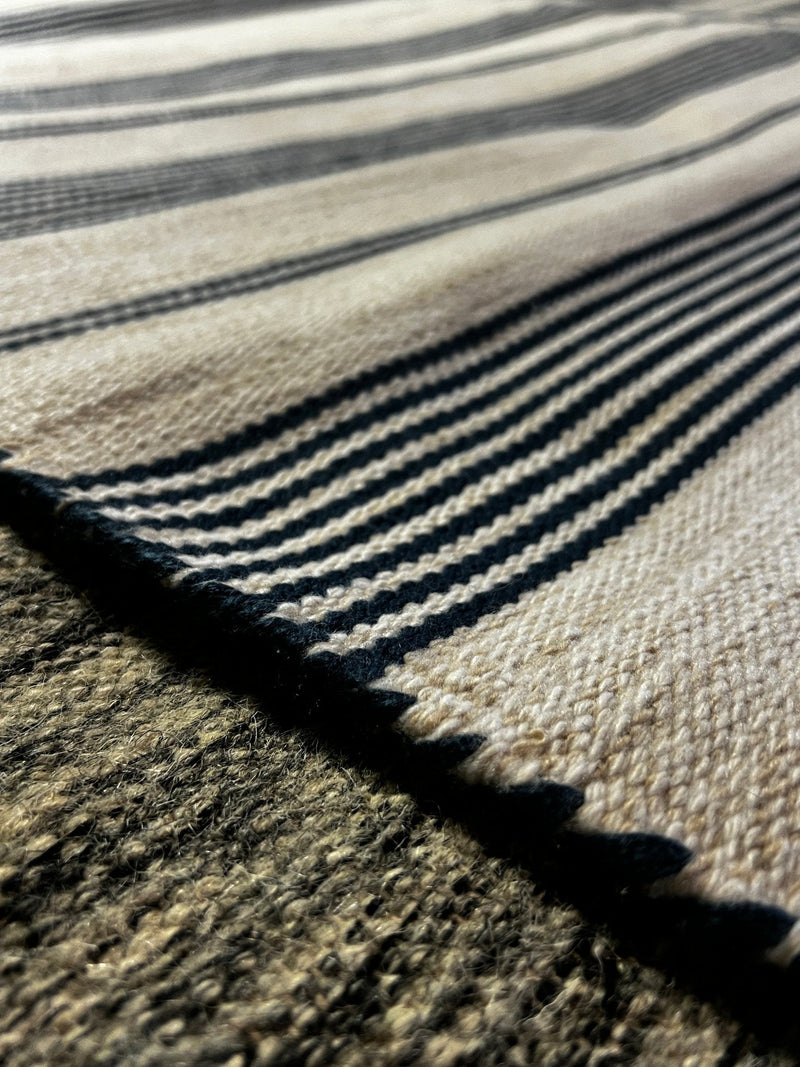 Mildred James 8x11.9 White and Blue Striped Handwoven Durrie Rug | Banana Manor Rug Factory Outlet