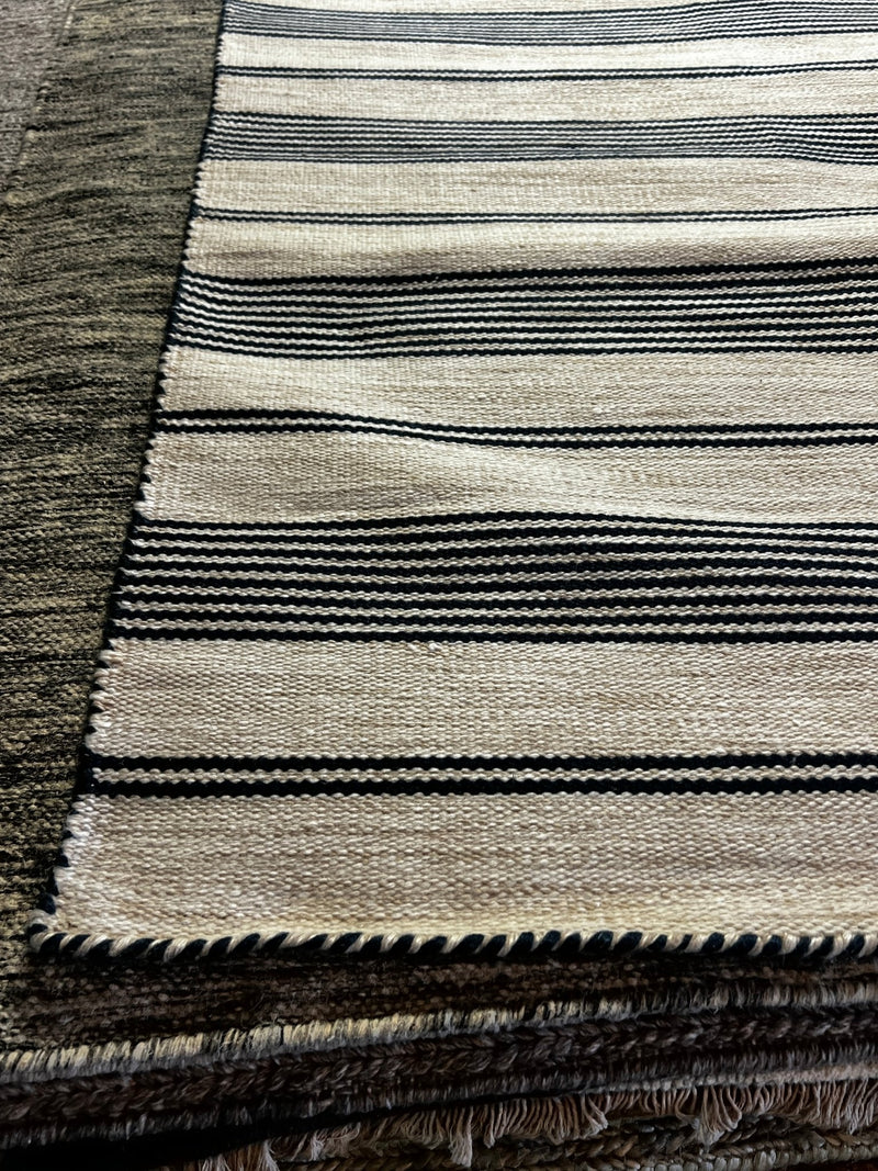 Mildred James 8x11.9 White and Blue Striped Handwoven Durrie Rug | Banana Manor Rug Factory Outlet