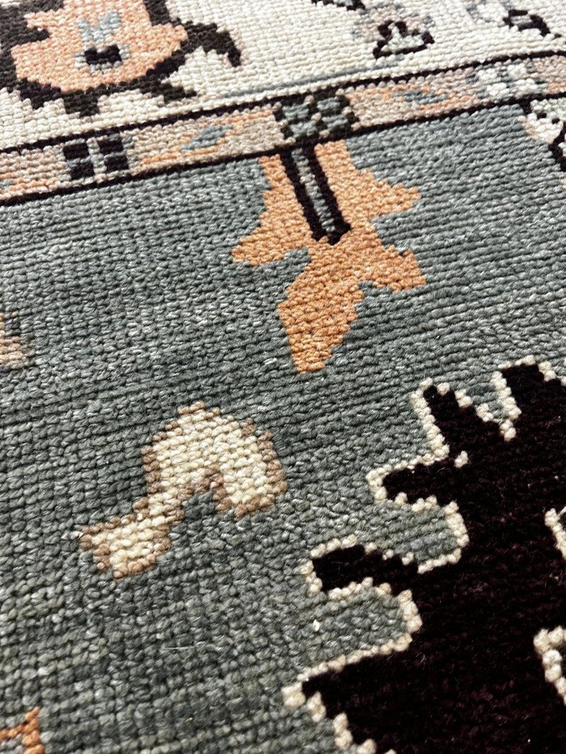 "Milou" Eggplant and Light Blue Hand-Knotted Oushak Sample 8x10 | Banana Manor Rug Company