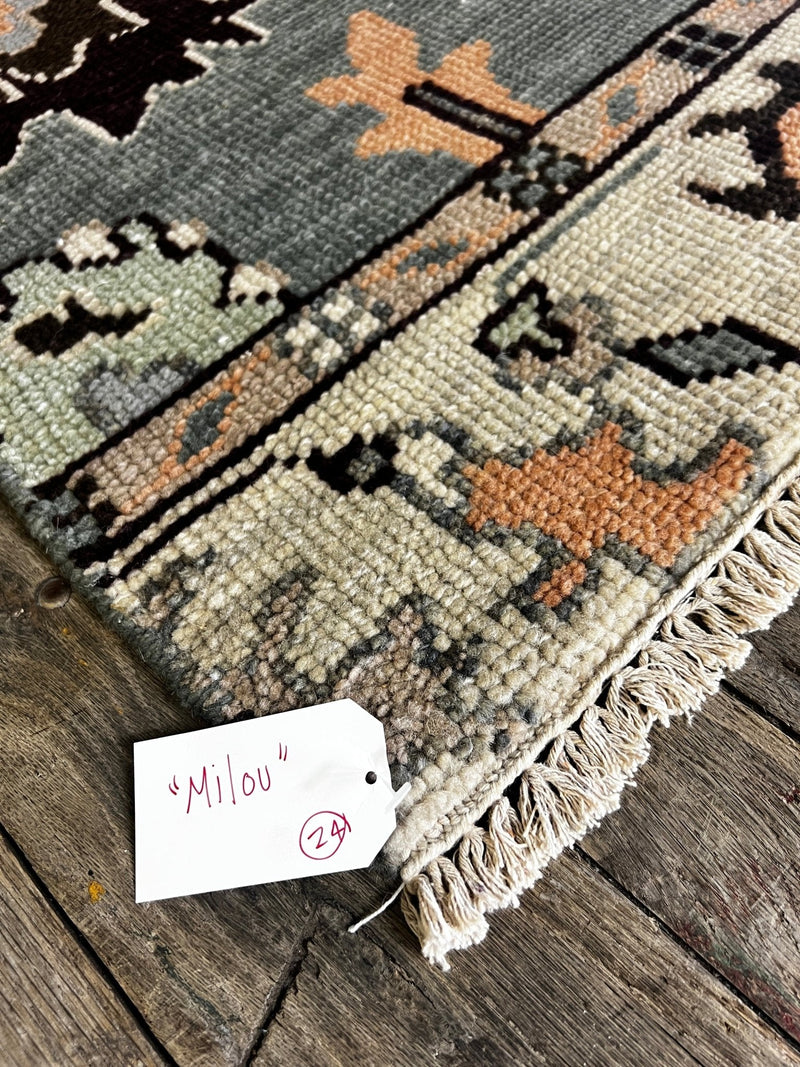 "Milou" Eggplant and Light Blue Hand-Knotted Oushak Sample 8x10 | Banana Manor Rug Company