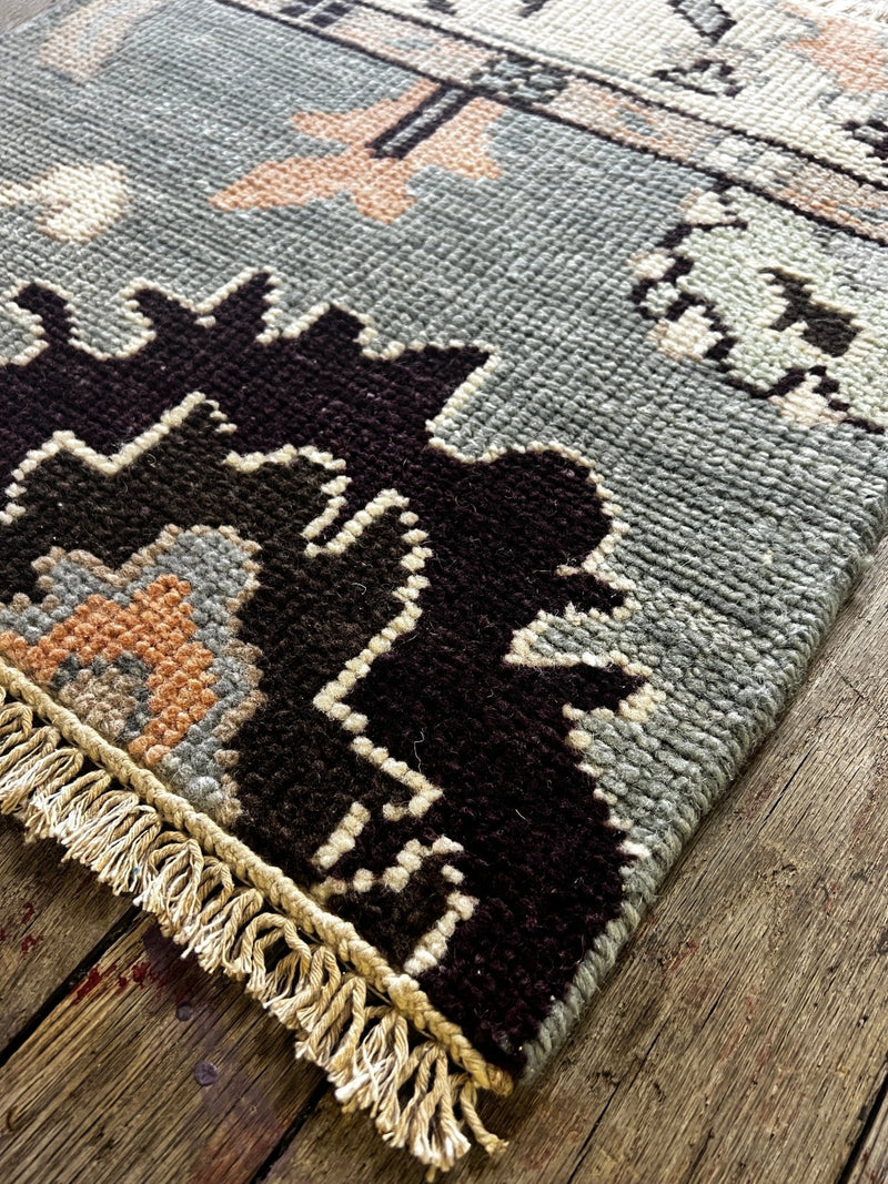 "Milou" Eggplant and Light Blue Hand-Knotted Oushak Sample 8x10 | Banana Manor Rug Company