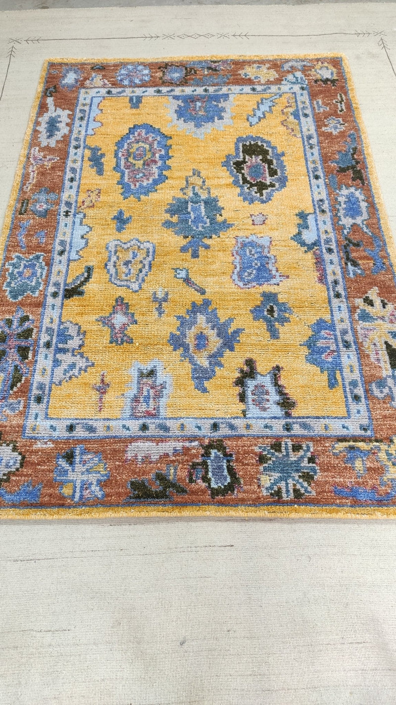 Mirabella 4x6 Yellow and Rust Hand-Knotted Bamboo Silk Oushak Rug | Banana Manor Rug Company