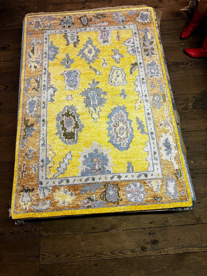 Mirabella 4x6 Yellow and Rust Hand-Knotted Bamboo Silk Oushak Rug | Banana Manor Rug Company