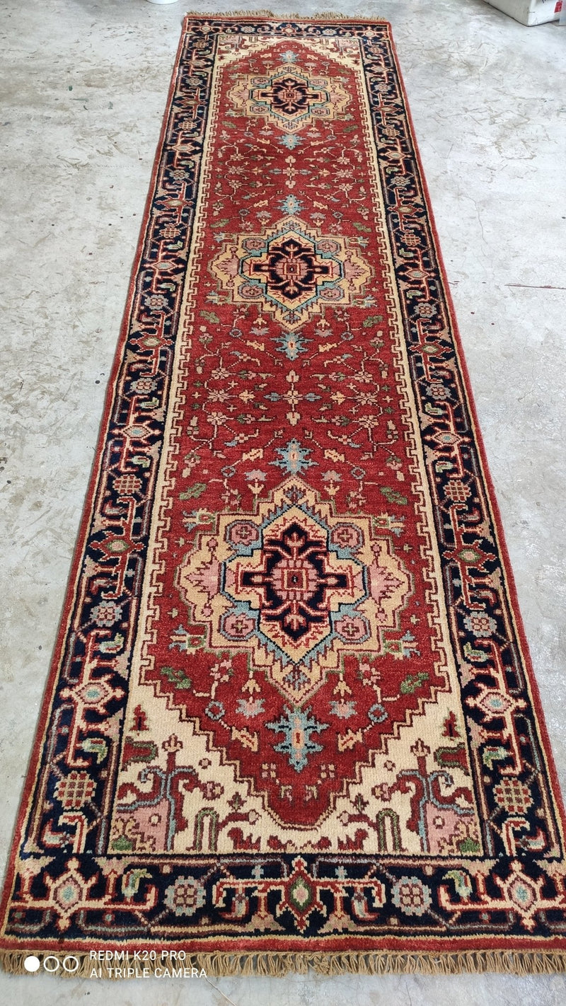 Montgomery 2.6x10 Red and Blue Hand-knotted Serapi Runner | Banana Manor Rug Company