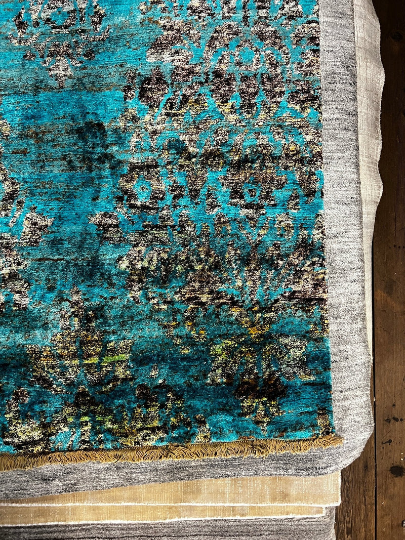 Morning Glory 4x5 Blue and Grey Hand-Knotted Silk Rug | Banana Manor Rug Company