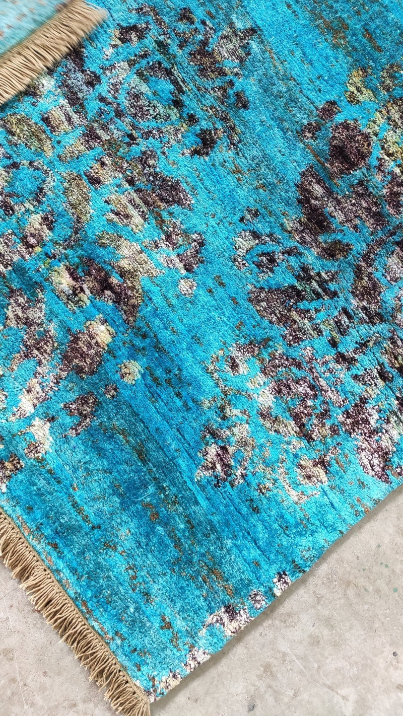 Morning Glory 4x5 Blue and Grey Hand-Knotted Silk Rug | Banana Manor Rug Company