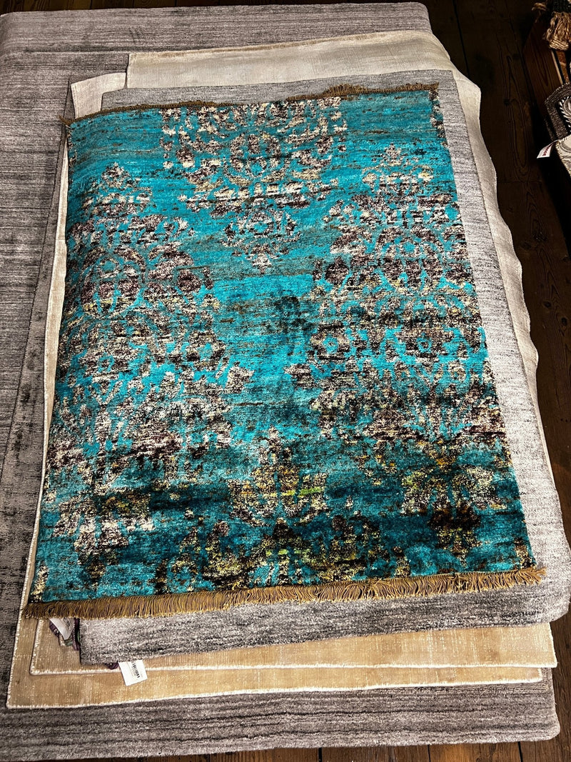 Morning Glory 4x5 Blue and Grey Hand-Knotted Silk Rug | Banana Manor Rug Company