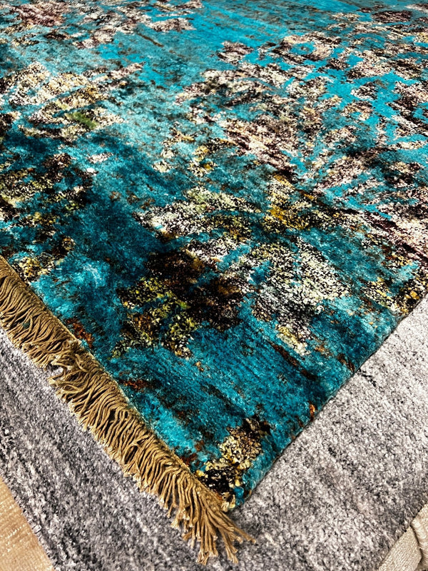 Morning Glory 4x5 Blue and Grey Hand-Knotted Silk Rug | Banana Manor Rug Company