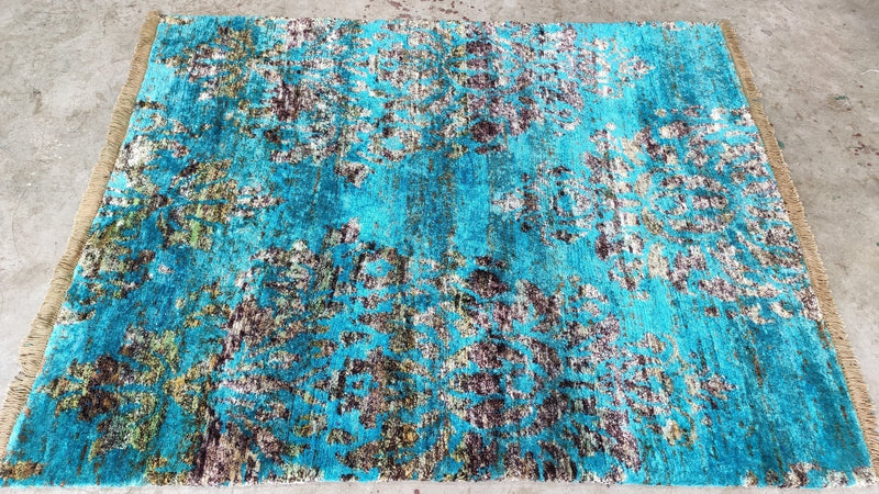 Morning Glory 4x5 Blue and Grey Hand-Knotted Silk Rug | Banana Manor Rug Company