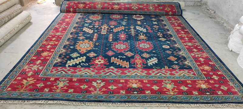 Nan Kempner 9.9x13.9 Blue and Red Hand-Knotted Oushak Rug | Banana Manor Rug Company