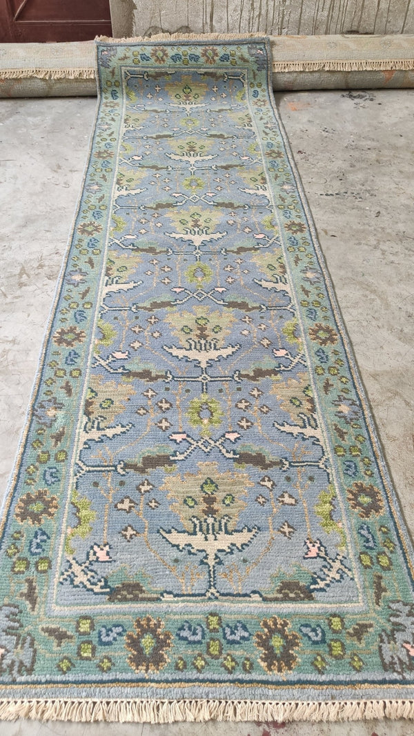 Natacha Régnier 2.6x12 Light Green Hand-Knotted Oushak Runner | Banana Manor Rug Company