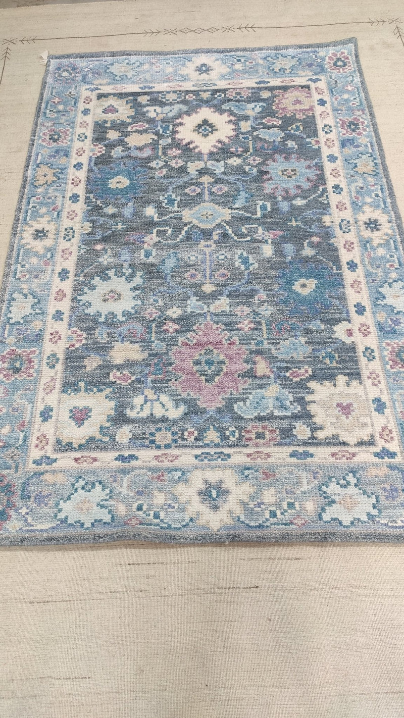 Natalia 4x6 Dark Grey and Light Blue Hand-Knotted Bamboo Silk Oushak Rug | Banana Manor Rug Company