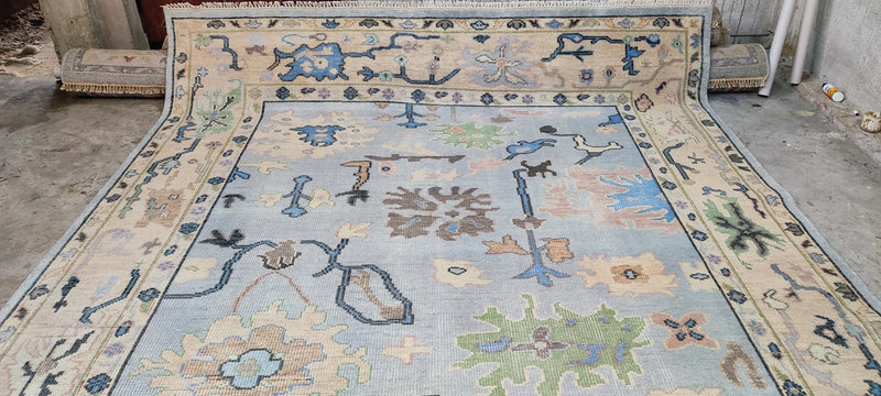 Natalia Vodianova Hand-Knotted Oushak Rug Light Blue and Tan 8.9x11.9 | Banana Manor Rug Company