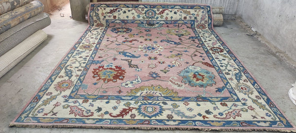 Natasha Stefanenko Hand-Knotted Oushak Rug Pink and Ivory 9x12.3 | Banana Manor Rug Company