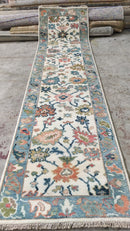 Nicole Kidman 2.6x9.9 Ivory and Light Blue Hand-Knotted Oushak Runner | Banana Manor Rug Company