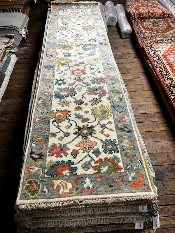 Nicole Kidman 2.6x9.9 Ivory and Light Blue Hand-Knotted Oushak Runner | Banana Manor Rug Company