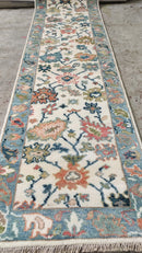 Nicole Kidman 2.6x9.9 Ivory and Light Blue Hand-Knotted Oushak Runner | Banana Manor Rug Company