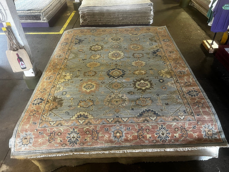 Nina 8x10.3 Blue and Rust Hand-Knotted Oushak Rug | Banana Manor Rug Factory Outlet