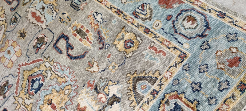 Nina Campbell Light Brown and Blue Hand-Knotted Oushak Rug 7.9x10 | Banana Manor Rug Company