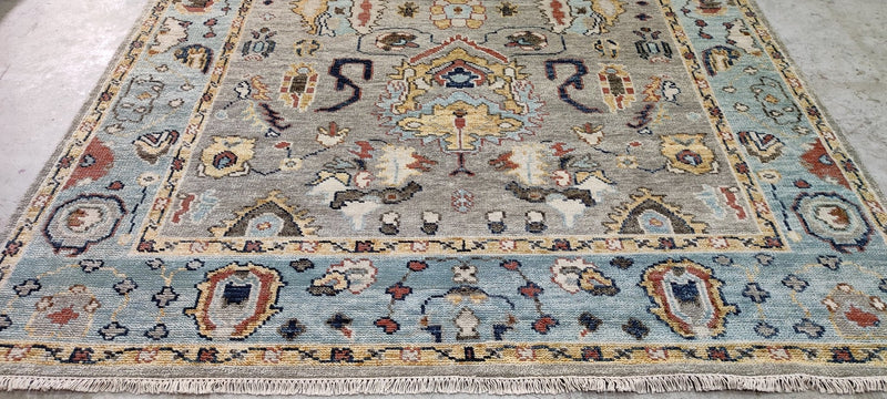 Nina Campbell Light Brown and Blue Hand-Knotted Oushak Rug 7.9x10 | Banana Manor Rug Company