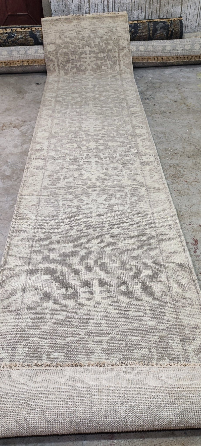 Nina Campbell Silver and Grey Hand-Knotted Oushak Runner 2.6x11.9 | Banana Manor Rug Company