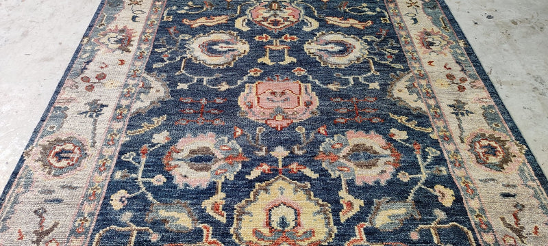 Nina Magon Dark Blue and Tan Hand-Knotted Oushak Rug 6x8.9 | Banana Manor Rug Company