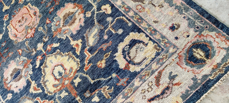 Nina Magon Dark Blue and Tan Hand-Knotted Oushak Rug 6x8.9 | Banana Manor Rug Company