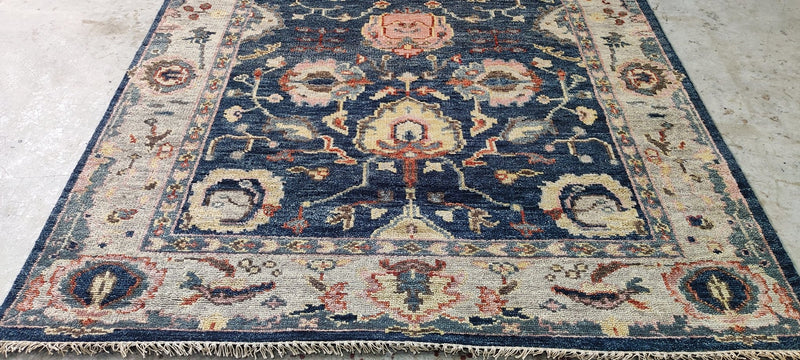 Nina Magon Dark Blue and Tan Hand-Knotted Oushak Rug 6x8.9 | Banana Manor Rug Company