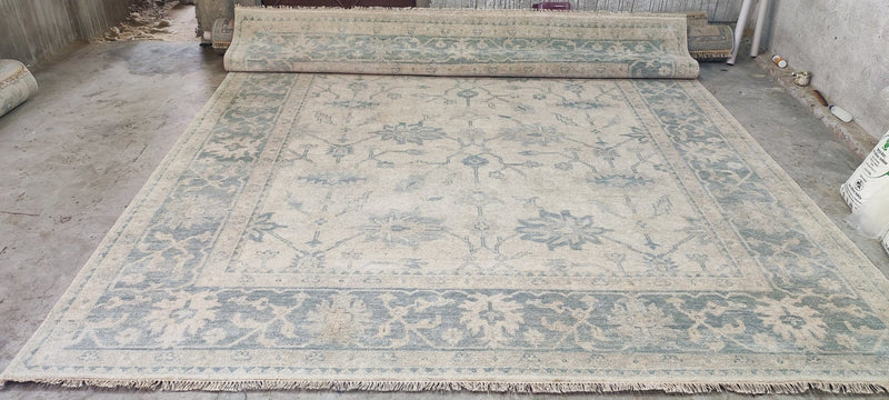 Olga Arntgolts Hand-Knotted Oushak Rug Ivory and Green 10x14 | Banana Manor Rug Company