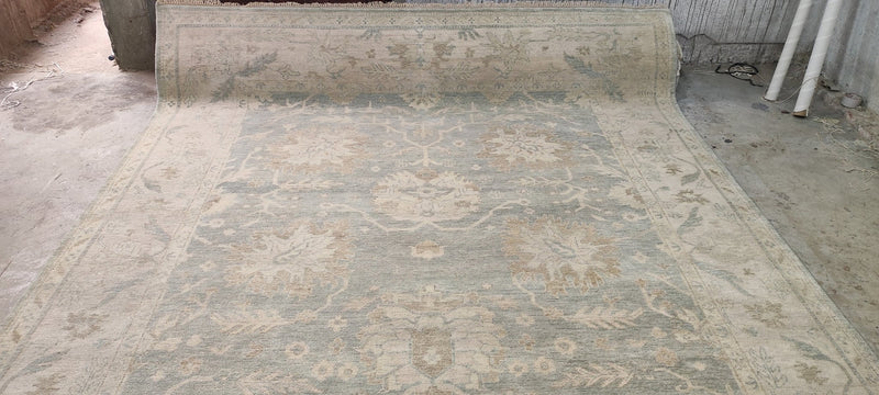 Paloma Picasso 9x11.9 Aqua and Tan Hand-Knotted Oushak Rug | Banana Manor Rug Company