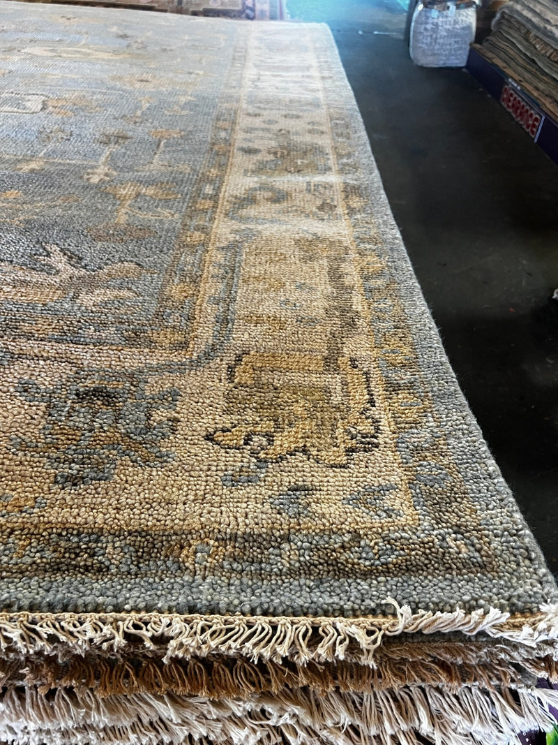 Pamela Shamshiri 8x10 Light Blue and Tan Hand-Knotted Oushak Rug | Banana Manor Rug Factory Outlet