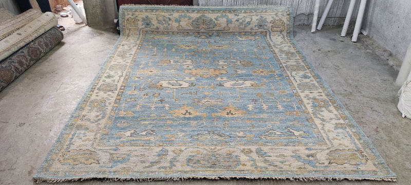 Pamela Shamshiri Light Blue and Tan Hand-Knotted Oushak Rug 8x10 | Banana Manor Rug Company