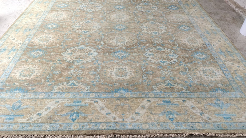 Paris Hilton 10x14 Light Brown and Light Blue Hand-Knotted Oushak Rug | Banana Manor Rug Company